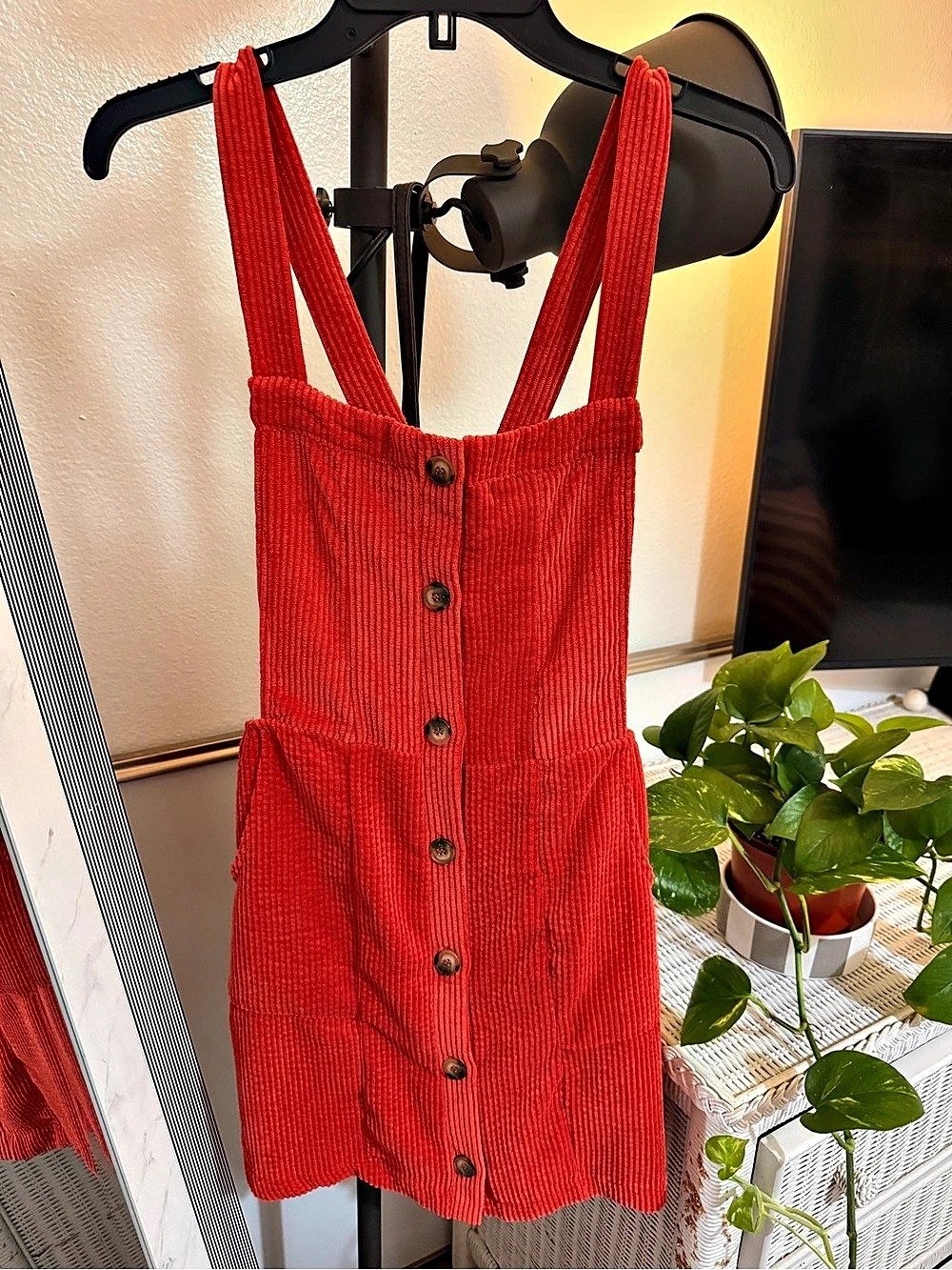 Kiriou Corduroy Mini Pinafore Dress in Red Size Small